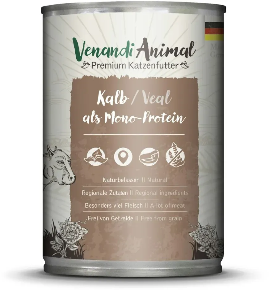 Venandi Animal Monoprotein 400g Katzennassfutter Sparpaket 12 x 400 Gramm Kalb