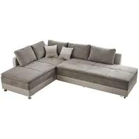 luma-home Ecksofa-Dauerschläfer, Doppelbett 306/223/95 cm Boxspring Federkern Ecksofa 306x223 Dauerschläfer, Bettkasten, Regal, Schwenkteil rechts, Kunstleder Beige+Mikrofaser Grau Braun, Beige