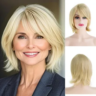 Qnbiar Damen Blonde Kurzhaarperücke Synthetische Glattes Haar Natürliche Cosplay Perücke mit Pony