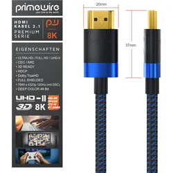Primewire - 1m High Speed 8K HDMI Kabel 2.1  mit Ethernet ARC 3D 4K Ultra HD 7680x4320 @120 Hz PS4 360 TV OLED PC Laptop Beamer Monitor - Schwarz/Blau