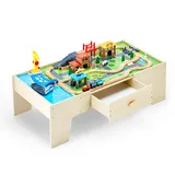 Vevor Holz Aktivitätstisch, 62-teilig, Kindertisch mit großer Schublade, 3-in-1-Eisenbahnset zum Spielen, Malen, Lesen, Essen, kreatives Spielzeugset für Kinder ab 3 Jahren