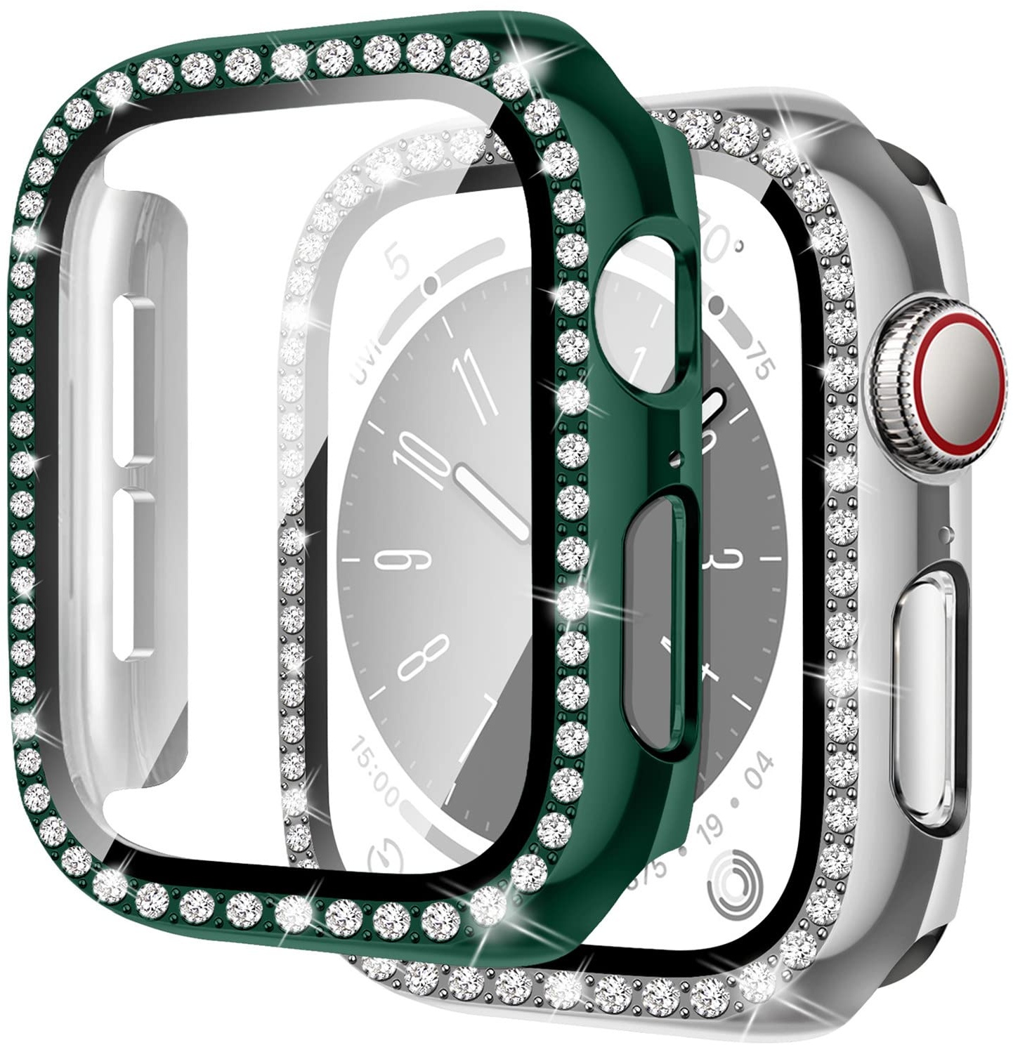 MYAPULUA 2 Stück Bling Hülle kompatibel für Apple Watch 45mm 44mm 41mm 40mm,glänzende Diamanten gehärtetes Glas Displayschutzfolie PC Schutzhülle für iwatch Serie 8 7 6 5 4/SE,grün+silber