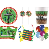 Procos 136-tlg. Set Kindergeburtstag Minecraft Party Feier Fete Deko Motto mit Steve, bunt, 8 Teller, 8 Becher, 8 Partytüten, 8 Trinkhalme, 50 Luftballons, 18 Stück Luftschlangen