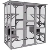 Katzenhaus Outdoor Catio Kitty Gehege mit super großer Eingangstür, Holz-Katzenkäfig Condo Indoor-Laufstall mit Plattformen und kleinem Haus