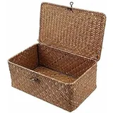 Alovez - Aufbewahrungskorb aus Seegras mit Deckel, kleiner Weidenkorb, Aufbewahrungsbox aus natürlichem Rattan, Wäschekorb, Weide