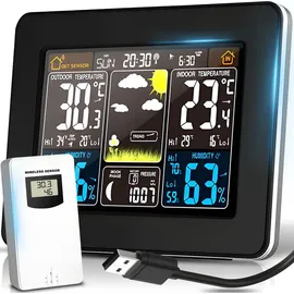 Retoo Funkwetterstation mit Farbdisplay & Außensensor Barometer Wettervorhersage, Wetterstation Digitales LCD Thermometer Hygrometer Innen Außen Retoo