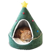 Monba Katzenhöhlenbett mit weihnachtlichem Motiv, bequemes Katzennesthaus, weiches warmes Haustierbett, Baumform, halbgeschlossenes Katzenhaus mit grünem Stern, Größe M: 43 x 43 x 50 cm