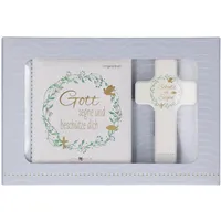 Butzon & Bercker Geschenkset zur Taufe 15 x 22 x 2 cm – Holzkreuz aus Buchenholz weiß lackiert mit Taufspruch, gebundenes Buch 11 x 11 cm, Lieferung in Geschenkverpackung: Geschenkset