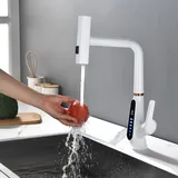 Wasserfall Wasserhahn Küche, Küchenarmatur Ausziehbar, 3 Modi Armatur Küche, LED-Digitalanzeige, Küchenarmatur Mischbatterie 360° Drehung, Spültischarmatur Küche, 59A Kupfer (Weiß)