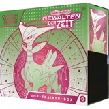 Pokémon Sammelkartenspiel Top-Trainer-Box Karmesin & Purpur – Gewalten der Zeit: Eisenblatt (1 holografische Vollbild-Promokarte mit Eisendorn, 9 Boosterpacks & Premium-Zubehör)