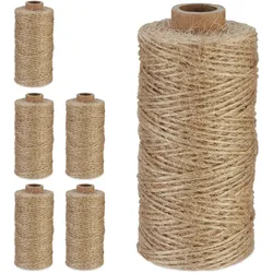 Relaxdays Juteschnur 1 mm, 6 Rollen Jutegarn je 100 m, biologisch abbaubar, Basteln, Garten, Verpackung, Kordel, natur