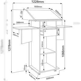 VCM Holz mobiles Rednerpult Maße ca. H. 107 bis 128 cm x B. 60 bis 123 cm x T. 44 cm rollbar mit Schublade Stehpult Stehtisch | Salia