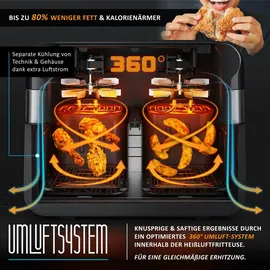 Arendo Heißluftfritteuse XXL Doppelkammer 9L schwarz