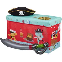 Relaxdays Sitzbox Kinder, Faltbare Aufbewahrungsbox mit Stauraum, Deckel, Piratenmotiv,