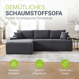 Juskys Eckcouch Cord 3-Sitzer Dunkelgrau