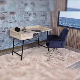 Mendler Schreibtisch HWC-J97, Bürotisch Computertisch, Schublade 3D-Struktur 98x114x60cm MVG-zertifiziert ~ Eiche-Optik