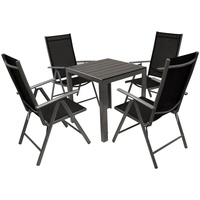 DEGAMO Gartenset Sitzgruppe Gartengarnitur SORANO 5-teilig mit Tisch 70x70cm, Aluminium + Kunstholz + Kunstgewebe schwarz