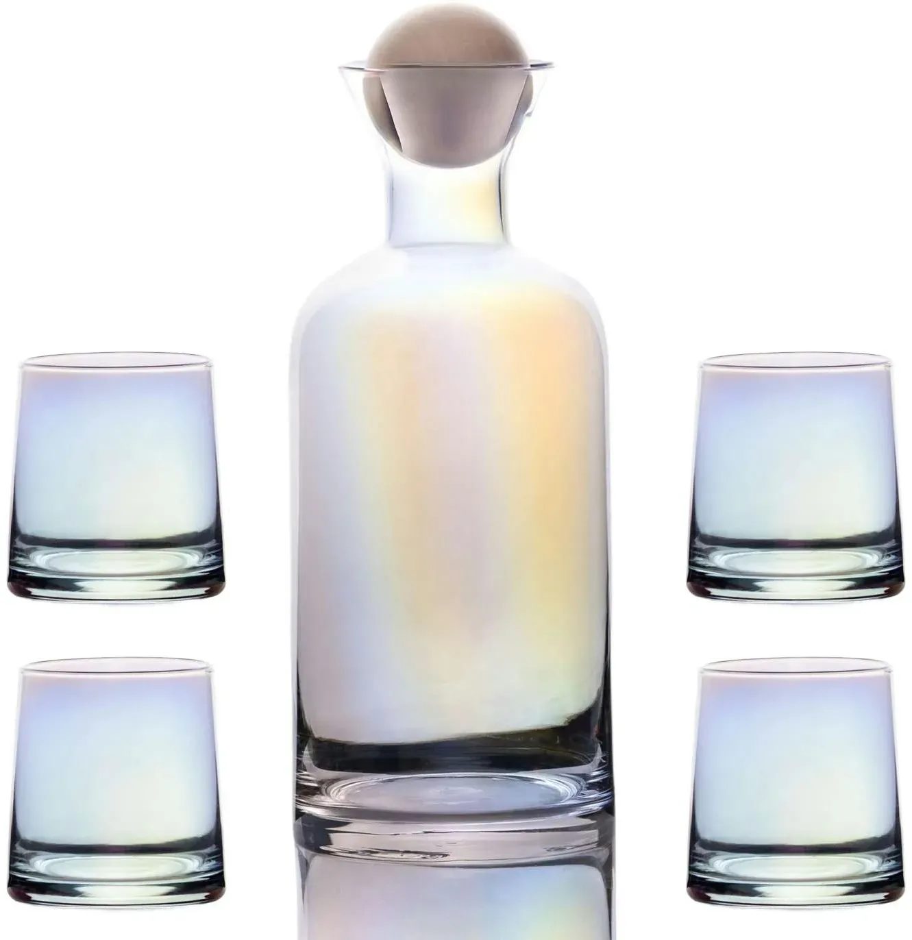 Intirilife Karaffe mit 4 Gläsern Set aus Glas mit Regenbogen Schimmer - Karaffe 1.1 Liter - Gläser 200 ml - Geschenk Set Kanne Krug mit Balldeckel
