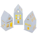 Spetebo LED Holz Haus weiß Batterie betrieben 13 cm - 3er Set - Deko Weihnachtsdorf mit Beleuchtung in warm weiß - Weihnachts Tisch Deko Aufsteller Winter Haus