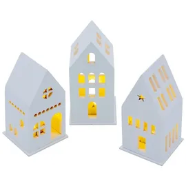 Spetebo LED Holz Haus weiß Batterie betrieben 13 cm - 3er Set - Deko Weihnachtsdorf mit Beleuchtung in warm weiß - Weihnachts Tisch Deko Aufsteller Winter Haus