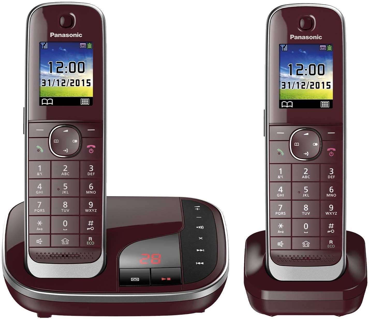 Panasonic KX-TGJ322GR Familien-Telefon mit Anrufbeantworter (schnurloses Telefon DUO, 2 Mobilteile, strahlungsarm, Anrufschutz) weinrot