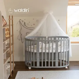 Waldin Mobiles Babybett OWAL aus Holz 7in1 mit Matratze, mitwachsend,Stoffe Weiß Löwenzahn,Holz grau - Grau