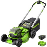 Greenworks 60V / 4Ah, mit Akku, Ladegerät) und Fangkorb 55L