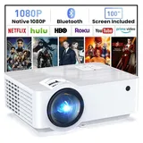 Beamer, Full HD 1080P Beamer Bluetooth 5.1, Tragbare Mini Beamer 4K Heimkino Unterstütz, 200" Display Smart Projektor Outdoor Kompatibel  Smartphone - Weiß