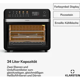 Klarstein AirGlaze Digital Heißluftfritteuse – 34 L, 2200 W, 19 Programme, Rotisserie, Touch Display, 40-350 °C, Pizzastein & Grillroste, Doppelt Verglaste Tür, Schwarz