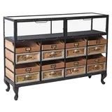 PALAZZO INT Vintage Sideboard „Coney Island“ – Industrial Kommode mit 16 Schubladen im Patchwork Design Holz & Metall Loft Stil mit Glasvitrine Fabrikmöbel Anrichte 80×110×32 cm