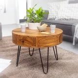 KADIMA DESIGN Couchtisch aus Sheesham-Massivholz mit Schubladen und schwarzen Metallbeinen, Handgefertigt