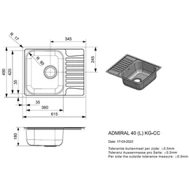 Reginox ADMIRAL 40 links Einbau Edelstahl 61,5 x 49 mm Handbetätigung