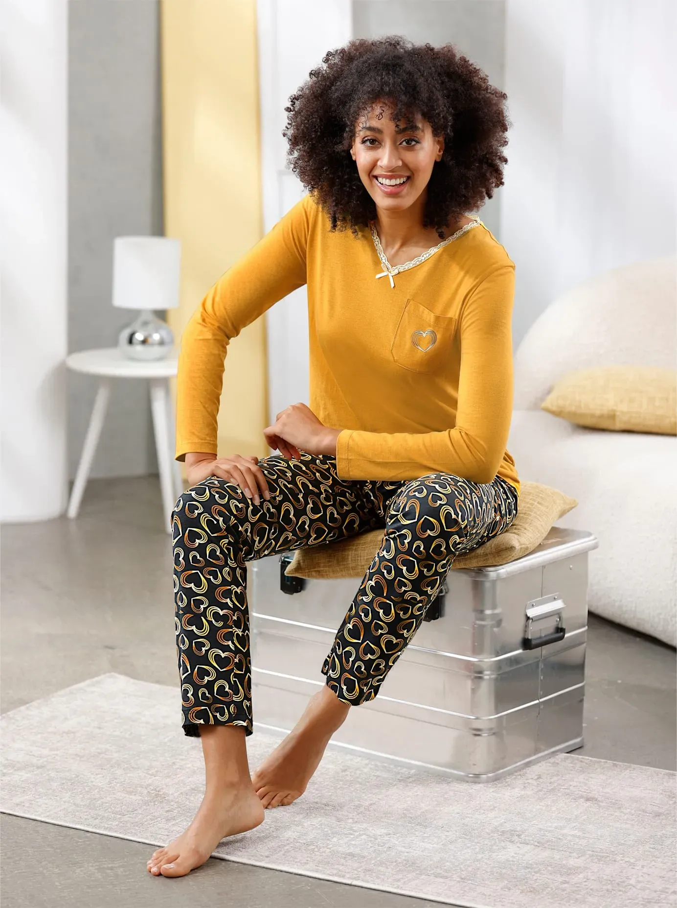 Schlafanzug WÄSCHEPUR Gr. 44/46, gelb (ocker, schwarz, bedruckt) Damen Homewear-Sets Pyjamas
