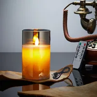 Lonkenn Wiederaufladbare LED Kerzen Mit Glas - USB Ladekabel, Fernbedienung, Timer, Flammenlos Flackernd - Halloween, Outdoor Geeignet - 10cm Grau