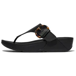Zehentrenner FITFLOP "LULU RESIN-BUCKLE LEATHER TOE-POST SANDALS", Damen, Gr. 37, schwarz, Rindsleder, unifarben, klassisch, Schuhe, Pantolette, Slides, Flats mit verstellbarer Schnalle