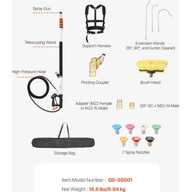 Vevor 6358 mm Teleskop-Hochdruckreinigerlanze, Teleskopstrahlrohr, 4000 PSI Teleskop-Sprühstab mit Verlängerungsstangen, Bürstenkopf, Schwenkkupplung, 7 Düsen, Stützgurt, für Dachrinnen