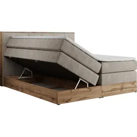 MKS Meble King Boxspringbett 180x200 mit Bettkasten Eiche, Polsterbett 180x200 mit Matratze H3, Bett 180x200 mit Kopfteil, Bett mit Holzrahmen in W... - Beige