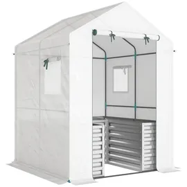 Outsunny Tomatengewächshaus Foliengewächshaus mit Hochbeet Rolltor Fenster Schrägdach 141 x 141 x 190 cm Stabil Treibhaus mit PE-Folie Tomatenhaus Gewächshaus für Garten, Balkon, Terrasse Weiß