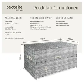 Tectake tectake® Auflagenbox, mit Aluminiumgestell und Rattangeflecht, komfortable Hubautomatik, 145 x 82,5 x 79,5 cm
