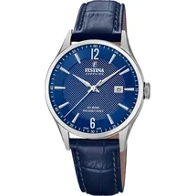 Festina Swiss Made Armbanduhr, Leder Blau - Quarz Datum - Saphirglas, Wasserdicht 10 ATM Elegant - F20007/6 Classic Leather