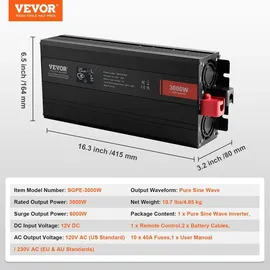 Vevor Wechselrichter mit reiner Sinuswelle 3000W DC12V AC 230 V Spannungswandler 2 AC-Steckdosen 2 USB-Anschlüssen 1 Typ-C-Anschluss LCD-Display und Fernbedienung für große Haushaltsgeräte
