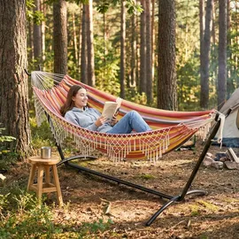 Mondeer Hängematte Gartenhängematte mit Verstellbarem Gestell für 2 Personen,Doppelleine Fransen Rot