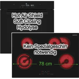 Daewoo Backofen Set Schwarz SoftClose Hydrolyse + Kochfeld Bräterzone