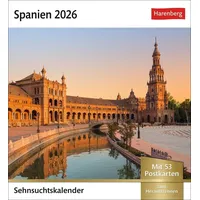 Harenberg Spanien Sehnsuchtskalender 2026 - Wochenkalender mit 53 Postkarten