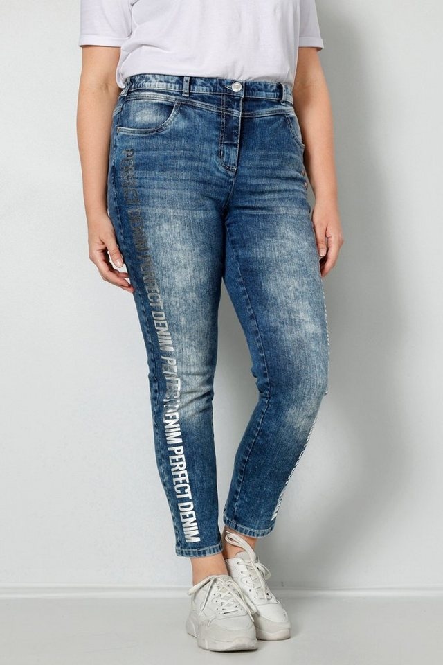 MIAMODA Röhrenjeans Jeans Slim Fit Statement-Print 5-Pocket blau|grün