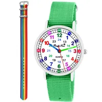 Pacific Time Kinder Armbanduhr Mädchen Jungen Lernuhr Kinderuhr Set 2 Textil Armband grün + bunter Regenbogen analog Quarz 11108