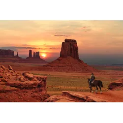 Fototapete PAPERMOON "MONUMENT TAL-SANDSTEIN BERGE SONNE STEINE WÜSTE COWBOY", bunt, B:3,50m L:2,60m, Vlies, Tapeten
