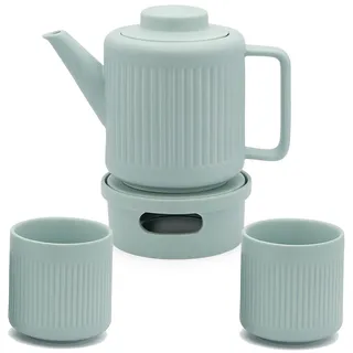Bredemeijer Teekanne Set 1.2 Liter blaues Porzellan mit Edelstahl Tee-Filter Sieb-Einsatz für losen Tee & Teebecher 2 Stück & Stövchen für 1 Teelicht - ideal für duftende & blumige Teesorten