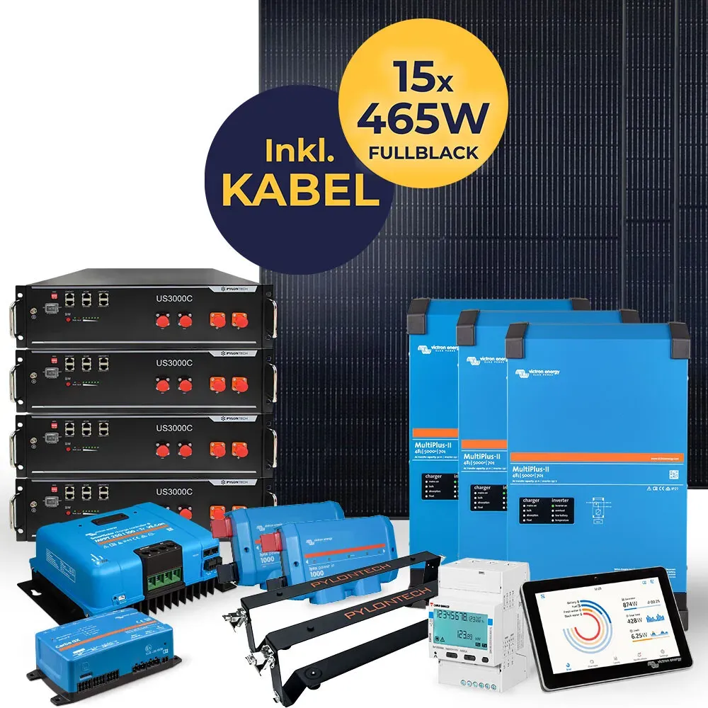 6,97 kW Photovoltaikanlage mit Speicher 14,2 kWh | HUSATECH SunnyHome L | - 3-phasig mit Victron MultiPlus II 48/3000/35-32 + MPPT 250/100 + 14,2 Pylontech US3000C