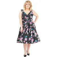 Miss Lavish London Frauen Plus Größe Kleider Retro Swing Blumen Rockabilly 40s und 50er Jahre Vintage Brautjungfer Kleid [BLUMEN-SCHWARZ-48] - 48